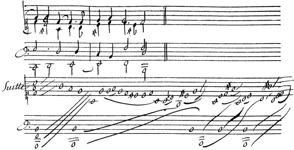 b. Division between end of fugal section and resumption of unmeasured texture.