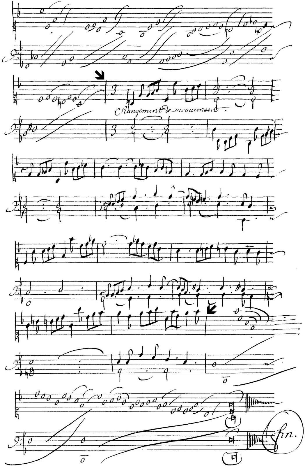 Example 1-3. Louis Couperin, Prelude 12 in F major (Bauyn MS). Apparent sectional independence due to difference in notation.