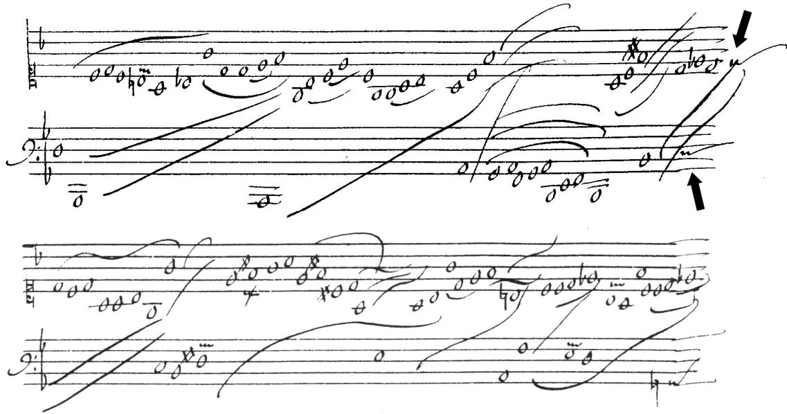 a. Type 1. Louis Couperin, Prelude 13 in F major, systems 2-3 (Bauyn MS).