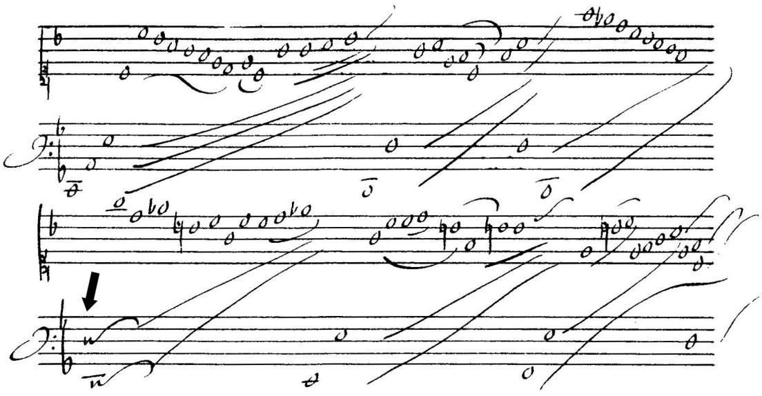 b. Type 2. Louis Couperin, Prelude 12 in F major, systems 4-5 (Bauyn MS).