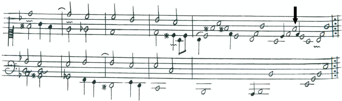 Example 3-5. Elisabeth Jacquet de La Guerre, Prelude 2 in G minor. Missing leading tone at final cadence.