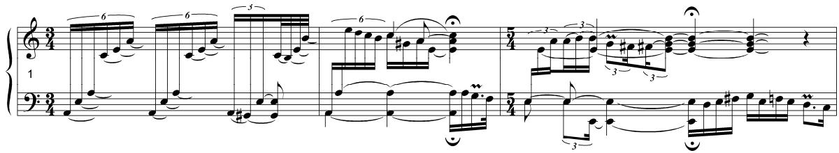 Example 6-6. Louis Couperin, Prelude 7 in A minor. Realization from Wilson Powell 1959.