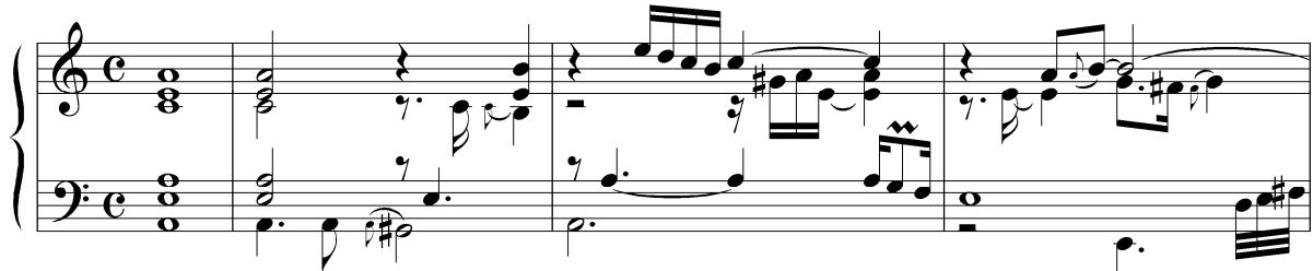 Example 6-8. Louis Couperin, Prelude 7 in A minor. Realization from Troeger 1982.