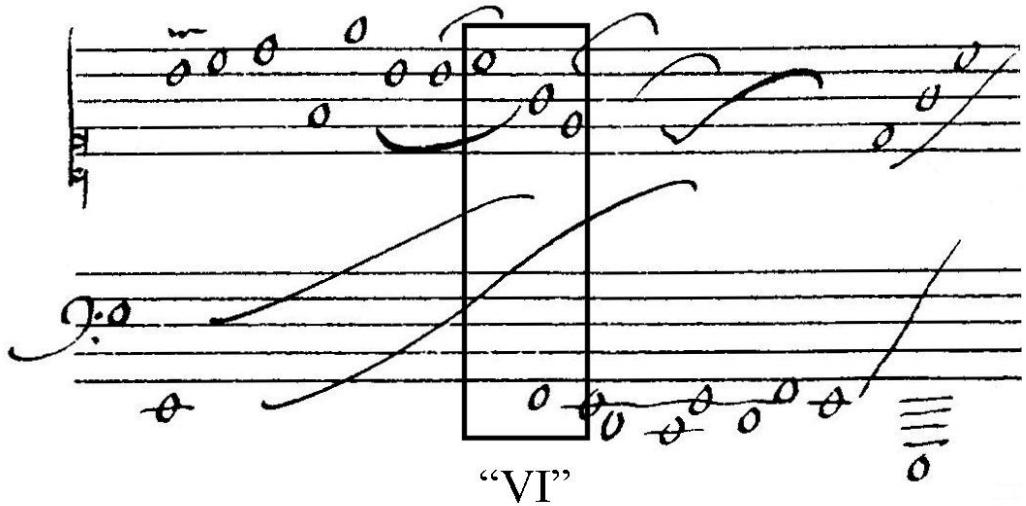 Example 7-7. Louis Couperin, Prelude 10 in C major. Excerpt from Bauyn MS (corresponds to S10/L1-10/R1-11). Misreading in performances by Moroney (1989) and Verlet (1992).