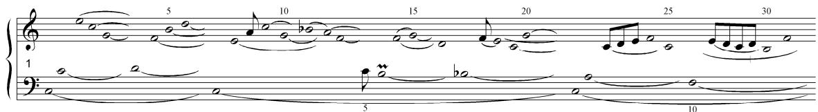 Example 7-8. Louis Couperin, Prelude 10 in C major. Dual-value notation realization.