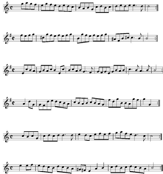Figure 1: The six gavotte-melodies, as used in the experiment.