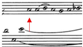 Figure 6: Louis Couperin: Prélude non mesuré: D minor: Example of port de voix (7R9-11 – red arrow identifies 7R9)
(Source: Tilney, 2009. Volume 2 Modern Transcriptions, p.2)