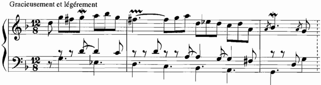 Tres légèrement；Gracieusement et légèrement；Example 3.11a. La Milordine, m. 0–2, 1 $^{st}$ ordre (1713/16), F. Couperin