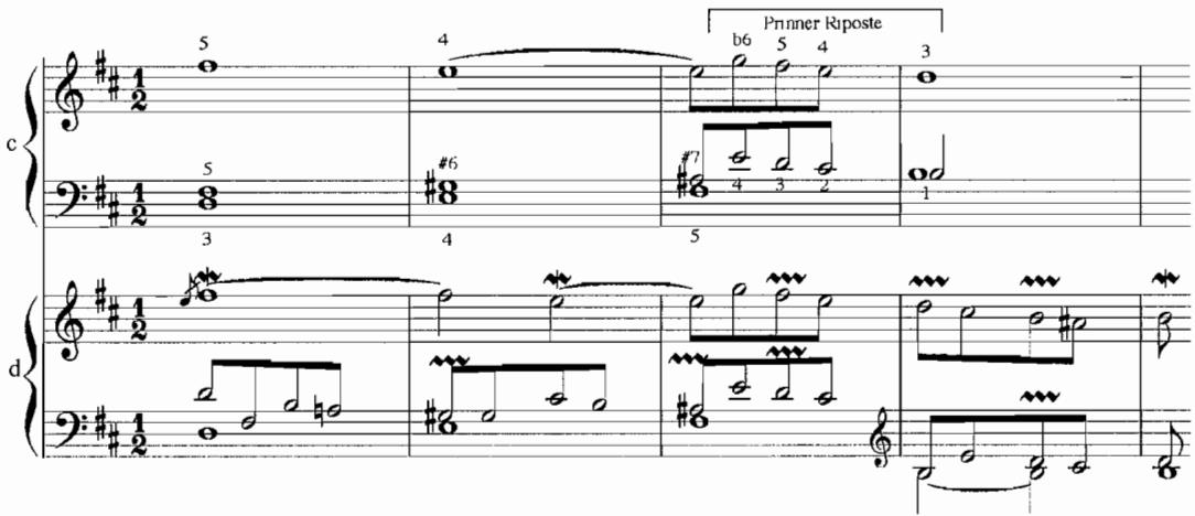 Example 4.8c-d. La Langueur, m. 5-9, $1 3 ^ { \mathrm { t h } }$ ordre (1722), F. Couperin