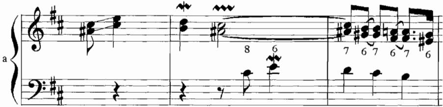 Example 5.2a. Overt Suspension in L&rsquo;Âme-en peine, m. 14–16, 13 $^{th}$ ordre (1722), F. Couperin