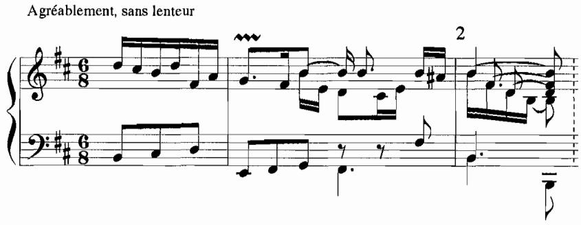 Example 5.3c. L&rsquo;Engageante, m. 1–2, 13 $^{th}$ ordre (1722), F. Couperin