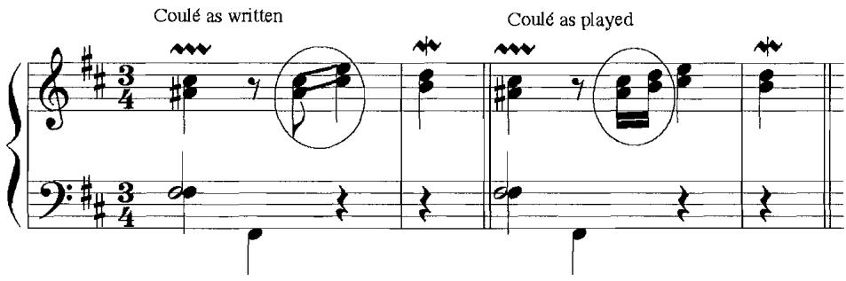 Example 5.7. Coulé Agrément Written and Played in L&rsquo;Âme-en peine, m. 14, 13 $^{th}$ ordre (1722), F. Couperin