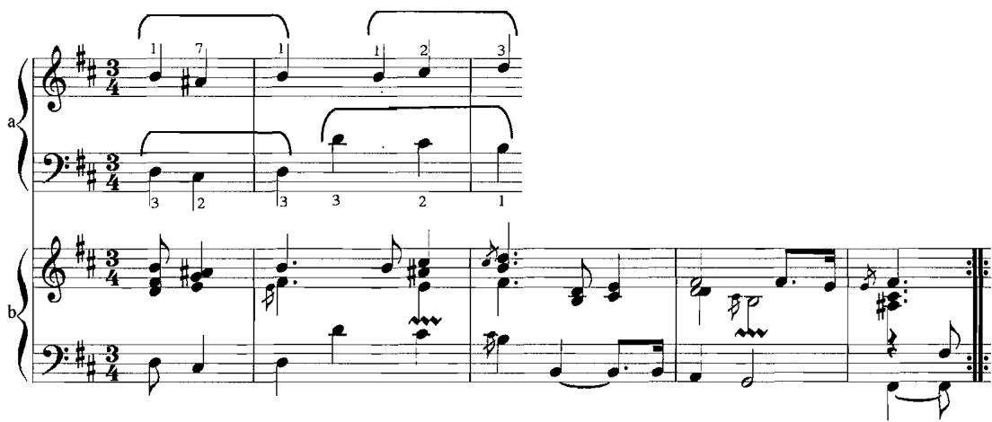 Example 5.20a–b. Continuation of Three-Note Patterns, Phrase 2, in L&rsquo;Âme-en peine, m. 4–8, 13 $^{th}$ ordre (1722), F. Couperin