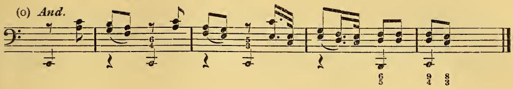 9. §. Eine seine Begleitung, welche sich an eine gleiche Anzahl von Mittelstimmen nicht allezeit bindet, verträget zuweilen gewisse Sprünge mit der Harmonie in der rechten Hand. Die gute Ausnahme wird oft dadurch befördert. Die Fälle, wobey diese Freyheit am meisten Statt findet, werden veranlasset durch gewisse Gedanken, welche Nachahmungen vertragen (a); durch Aushaltungen (b), durch Passagien, worinnen sich die Hauptstimme mehrentheils in einerley Tönen aufhält, und welche mit (c), und ohne Verfehung (d) wiederholet werden. Ein verständiger Accompagnift kann bey diesen Passagien die gerechten Ansprüche, welche das Ohr, wegen ihrer allzu großen Gleichförmigkeit, auf Veränderungen machet, gar leicht, und mit vieler Freyheit befriedigen. Man kann überhaupt anmerken, daß derjenige Gedanke am bequemsten eine Veränderung in der Einrichtung der Harmonie erlaube, welcher in sich wenig Abwechselung hat. So sehr, als man einem Stücke, worin solche Gedanken sind, durch eine seine und freye Begleitung aufhelfen kann: so viel Behufsamkeit ist dem ohngeacht nöthig, damit auch diese Schönheit des Accompagnements nicht zu oft, und nicht zur Inzeit gebrauchet werde.