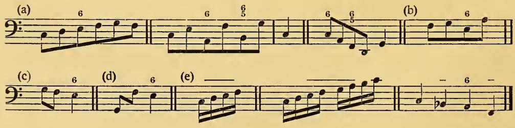 4. §. Unter den Grundnoten pflegen ihr eigenes Accompagnement zu haben: die Zweypiertheilnoten im Allabreve- und Dreyzweytheiltacte, wenn der leßtere kein langfames Tempo hat, und die geschwindesten Noten Achttheile sind; die Viertheile im langsamen Dreyzweytheiltacte, in der fogenannten schlechten Tactart vom Allegretto an, wo keine geschwindere Noten als Zweynunddreißigtheile vorkommen, bis zum Presto, und im Drey- und Sechsviertheil-