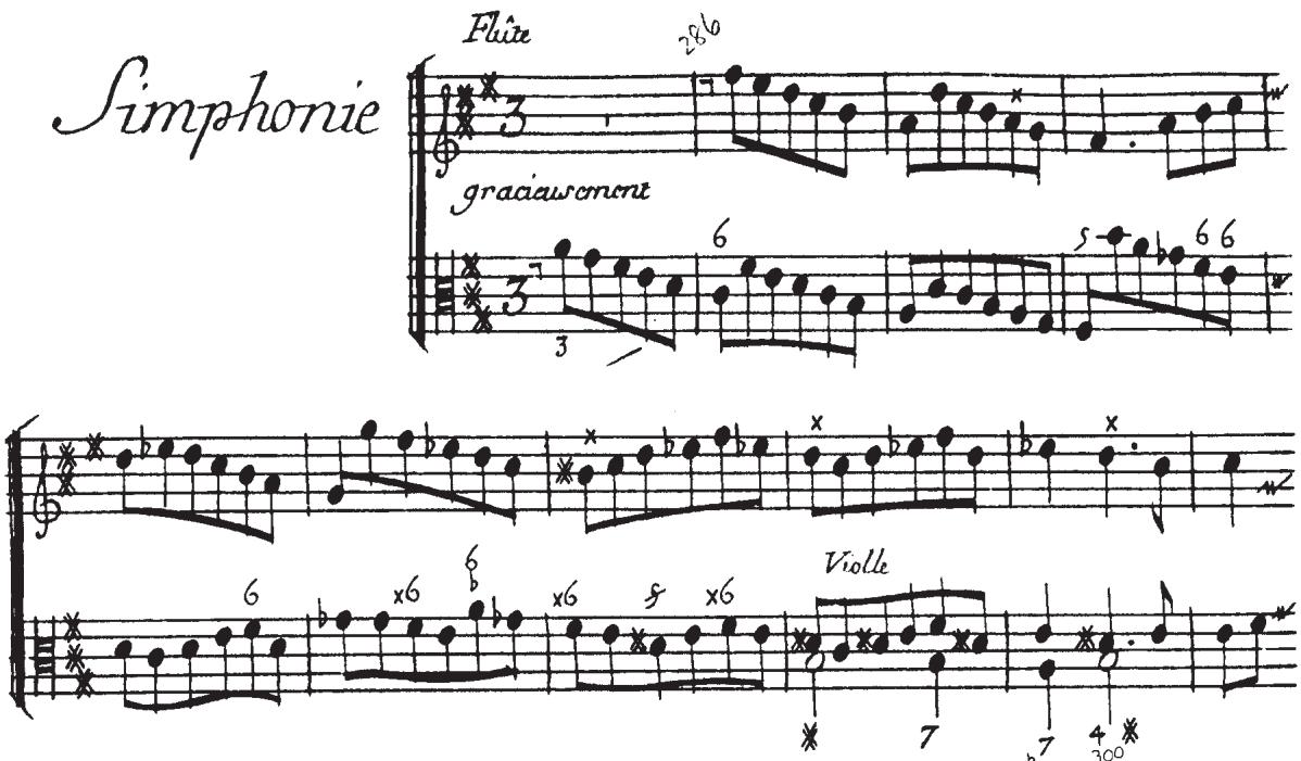 4 Simphonie from Jacquet de La Guerre’s L’isle de Delos, book 3 (c.1715), with indication for separate viol and basse continue parts (bar 8)