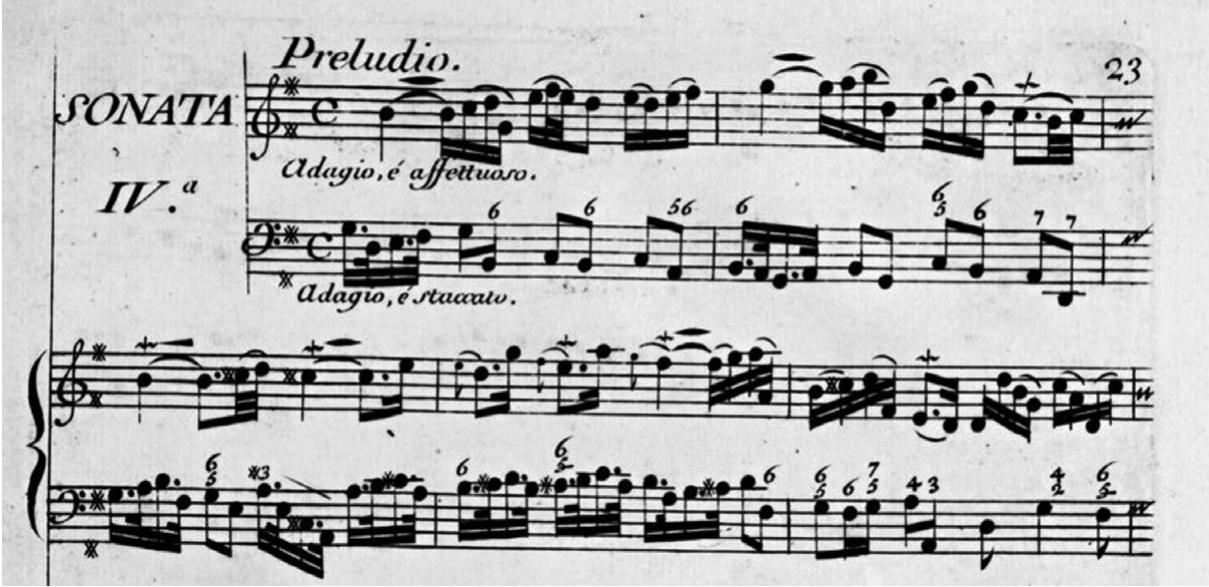 3 Giovanni Antonio Piani, Sonate a violino solo e violoncello col cimbalo, op.1 (Amsterdam, 1712), Sonata 4, first move ment, bars 1–5. Paris, Bibliothèque nationale de France, by permission.