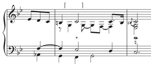 (f)；Ex.6. The ‘Couperin chord’ (denoted by *) in François Couperin’s harpsichord music: (a) Premier livre, $3 ^ { e }$ ordre, ‘La Ténébreuse’, bars 19–20; (b) Deuxième livre, 8e ordre, ‘Passacaille’, bars $4 9 ^ { - 5 1 ; }$ (c) Deuxième livre, $1 1 ^ { e }$ ordre, ‘La Castelane’, bars 18–19; (d) Deuxième livre, 6e ordre, ‘La Bersan’, bar 26; (e) Quatrième livre, $2 2 ^ { e }$ ordre, ‘Le Point du jour’, bars $3 6 \mathrm { - } 7 ;$ (f) Premier livre, 3e ordre, ‘La Favorite, chaconne à deux temps’, bars 3–5