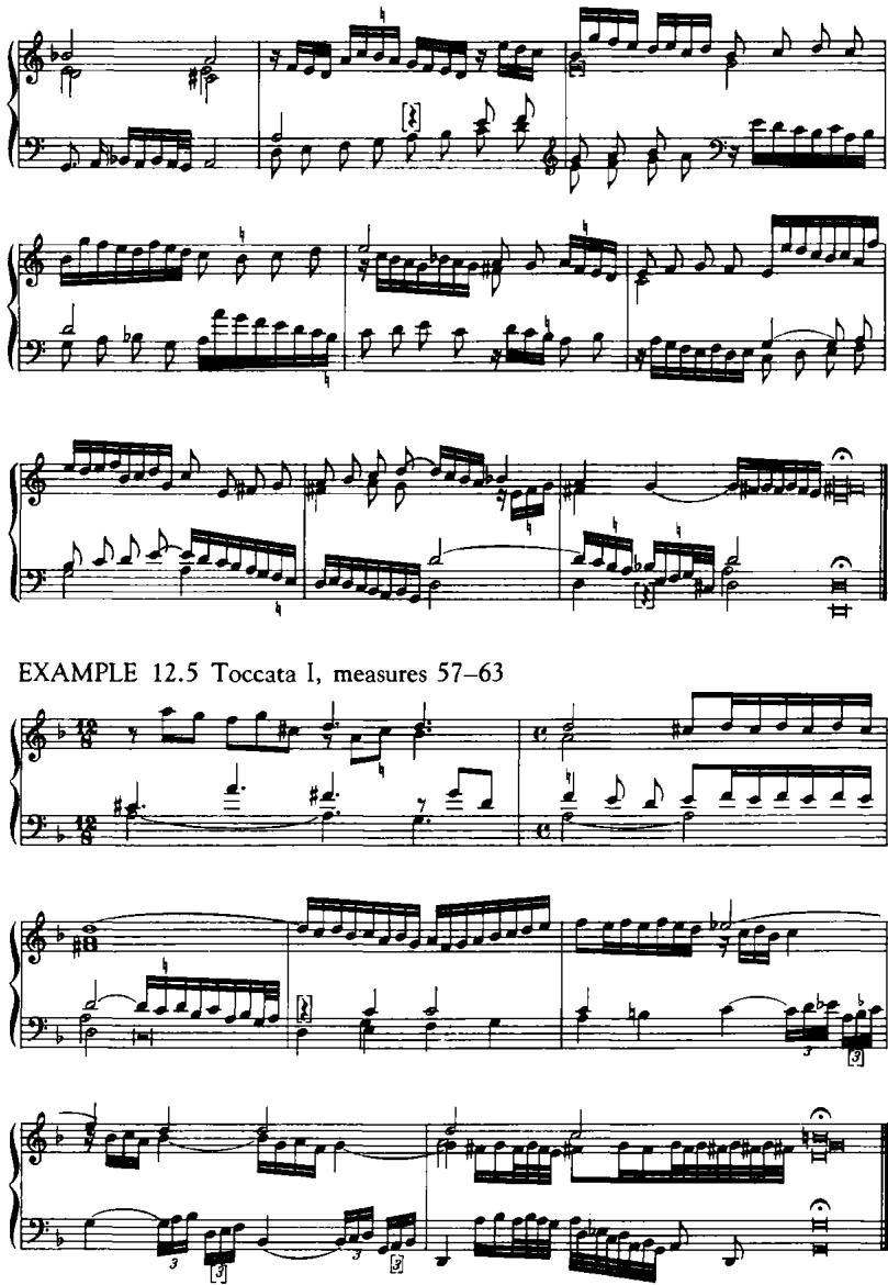 EXAMPLE 12.4 Toccata X, measures 66–74 (see Ex. 10.12c)；cluding section occurs in Toccata I, which shifts to a 12/8 proportion where the triplets gradually permeate the texture and are then pulled back to permit a dramatic rhythmic acceleration (Ex. 12.5). This increased definition is most apparent in the central area of the toccatas, above all in