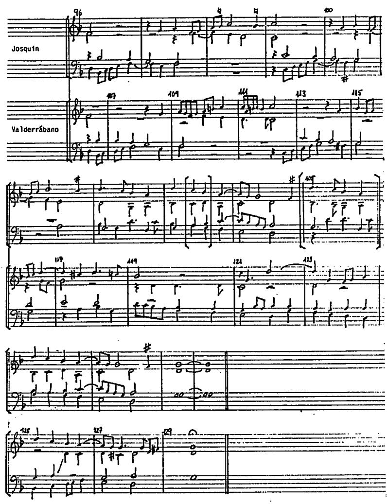 Ex.5.18, Josquin, Missa de Beata Virgine, &ldquo;Kyrie II&rdquo; (b.96-109) and Valderrábano, Fantasia 19 (b.106-29).；Valderrábano&rsquo;s original music in the fantasia is
