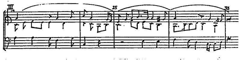 Ex.5.25, Valderrábano, Fantasia 1 (b.19-33).；The upward lift of the alto line fuses episode III to episode IV, which is distinguished by two statements of theme 3 in duo texture. The theme is built from the common formula of interlocking thirds.
