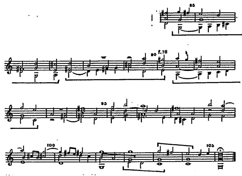 Ex.5.34, Valderrábano, Fantasia 25 (b.85-106).；Fantasia 32 is drawn together by sequential repetition of a theme harmonized in tenths below, with a free middle voice in bars 94-103. It concludes with a free extension for its final eleven bars. Fantasia 33 concludes with imitation of a more regular kind.