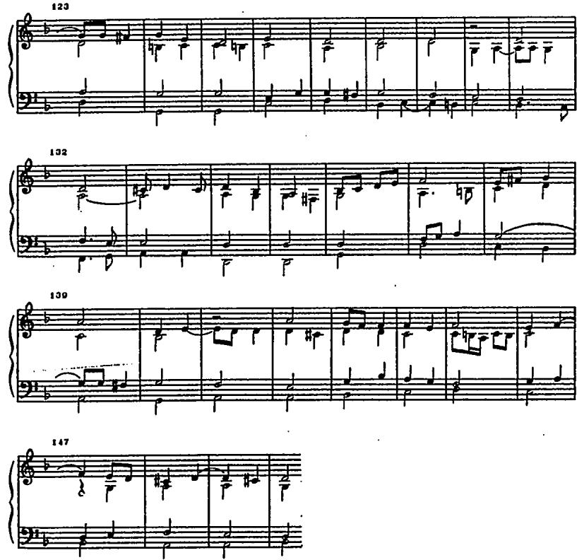 In the quoted passage, contrapuntal interplay is created by a change of leading voice at nearly every cadence, giving strength to the work&rsquo;s internal