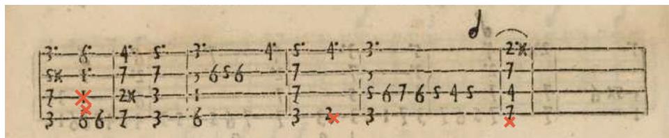 Ejemplo 6. Tiento del quarto tono, cc.118-123, con tachaduras indicadas