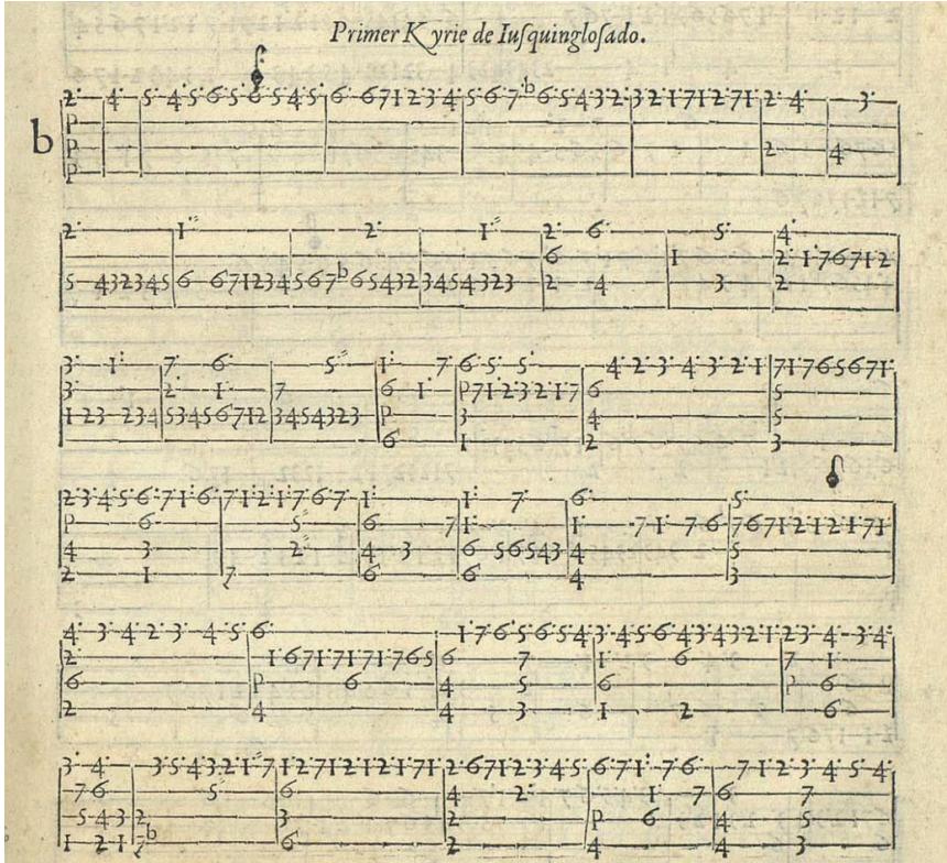 Fig. 7: Palero, ‘Primer Kyrie de Josquin glosado’, Libro de cifra nueva, fol. 54r.