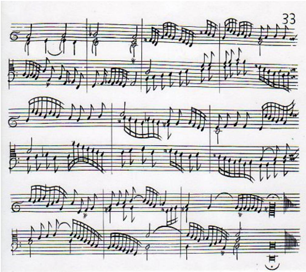 Ex. 15.1: Toccata X, mm. 65-74；15.5 The most dramatic emphasis of the concluding section occurs in Toccata I, which shifts to a 12/8 proportion where the triplets gradually permeate the texture and are then pulled back to permit a dramatic rhythmic acceleration (Toccata I, mm. 57-63).