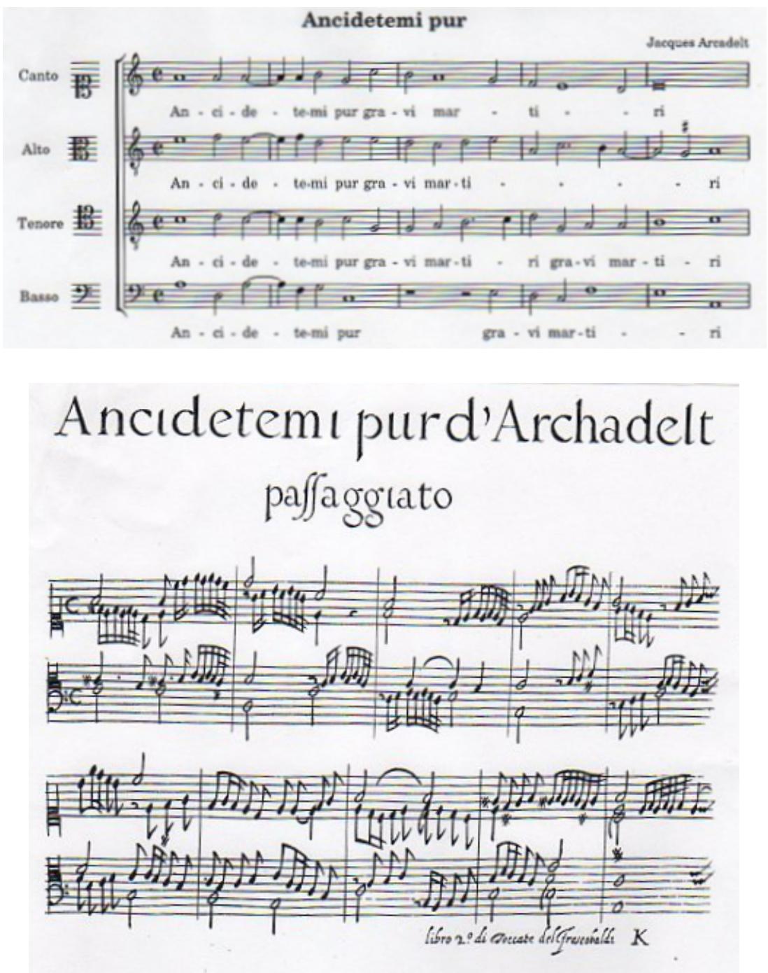 Ex. 15.10. Ancidetemi pur: a) Arcadelt, Ancidetemi pur b) Frescobaldi；15.27 The inclusion of variations on the Ciaccona and Passacagli, by contrast, begins a process of creating large musical structures from common and unclearly-defined elements, as opposed to the radical reinterpretation of an existing work of art in the