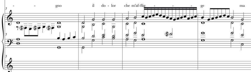 Ex. 9a: Top staves: Arcadelt’s ‘Se per colpa’; bottom staves: transcription of the intabulation from the Castell’Arquato manuscripts, fasc. 5, mm. 1–8, fol. 22v.