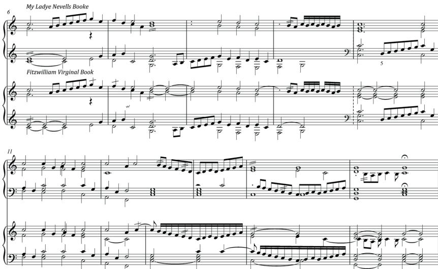 Ex. 2: William Byrd, Fantasia C2, BK25, bb. 6–15. Comparison of versions in My Ladye Nevells Booke and The Fitzwilliam Virginal Book.23