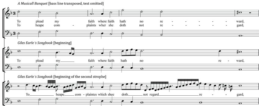 Ex. 5: Daniel Bacheler, ‘To Plead My Faith’, bb. 1–4. Comparison of versions in A Musical Banquet (1610) and Giles Earle’s Songbook (c. 1615–26).32