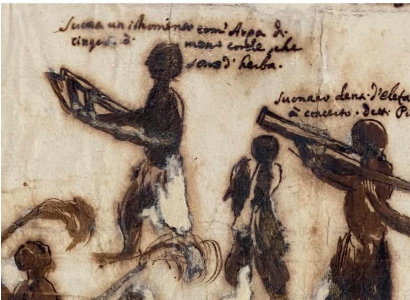 Fig. 1a-b: King Garcia II of Kongo and His Attendants, with detail of royal musician playing a west African pluriarc. Detail of Anonymous, People, Victuals, Customs Animals, and Fruits of the Kingdoms of Africa, c. 1652–63, Rome: Franciscan Museum of the Capuchin Historical Institute, MF 1370. Courtesy of the Capuchin Historical Institute.