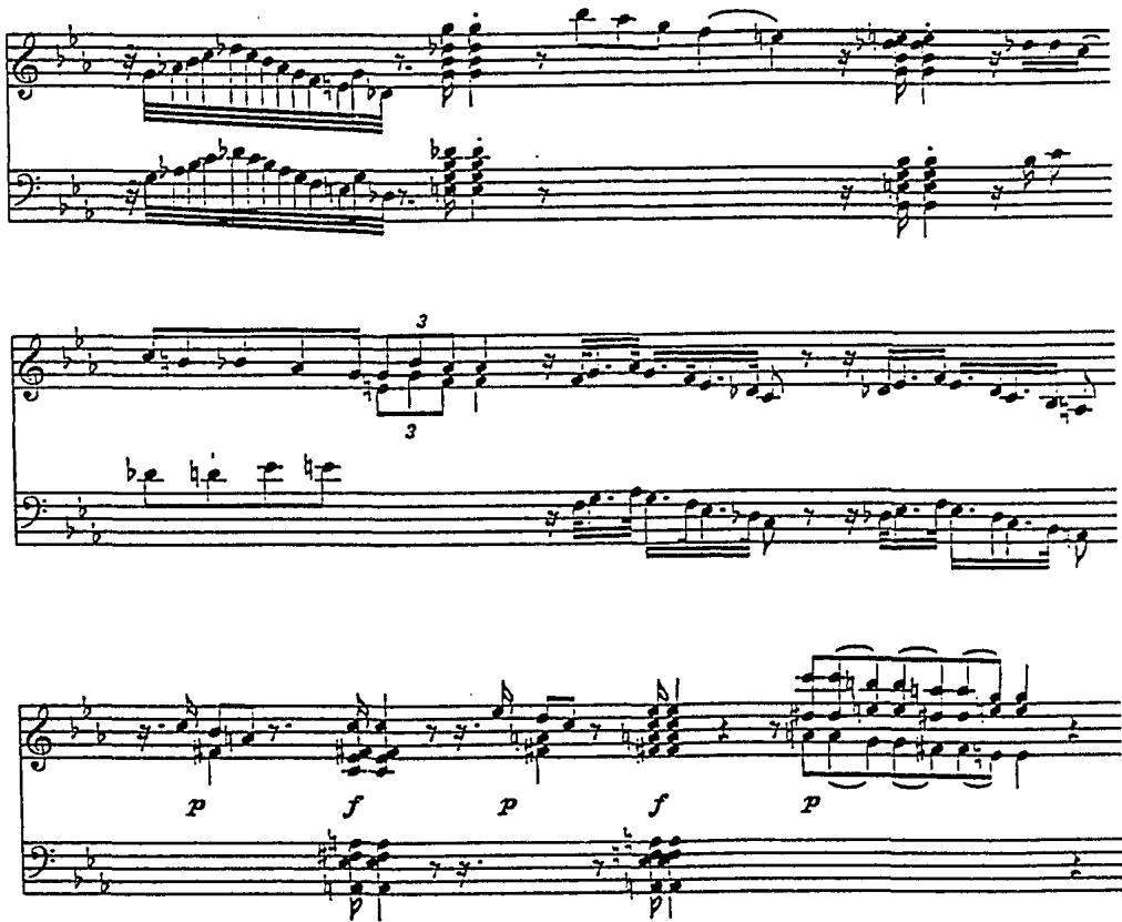 Example 8. Free Fantasia in E-flat, H. 339 (1747).；In subsequent works, Bach moved away from such explicit adoption of recitative to a declamatory texture more idiomatic to the keyboard. In