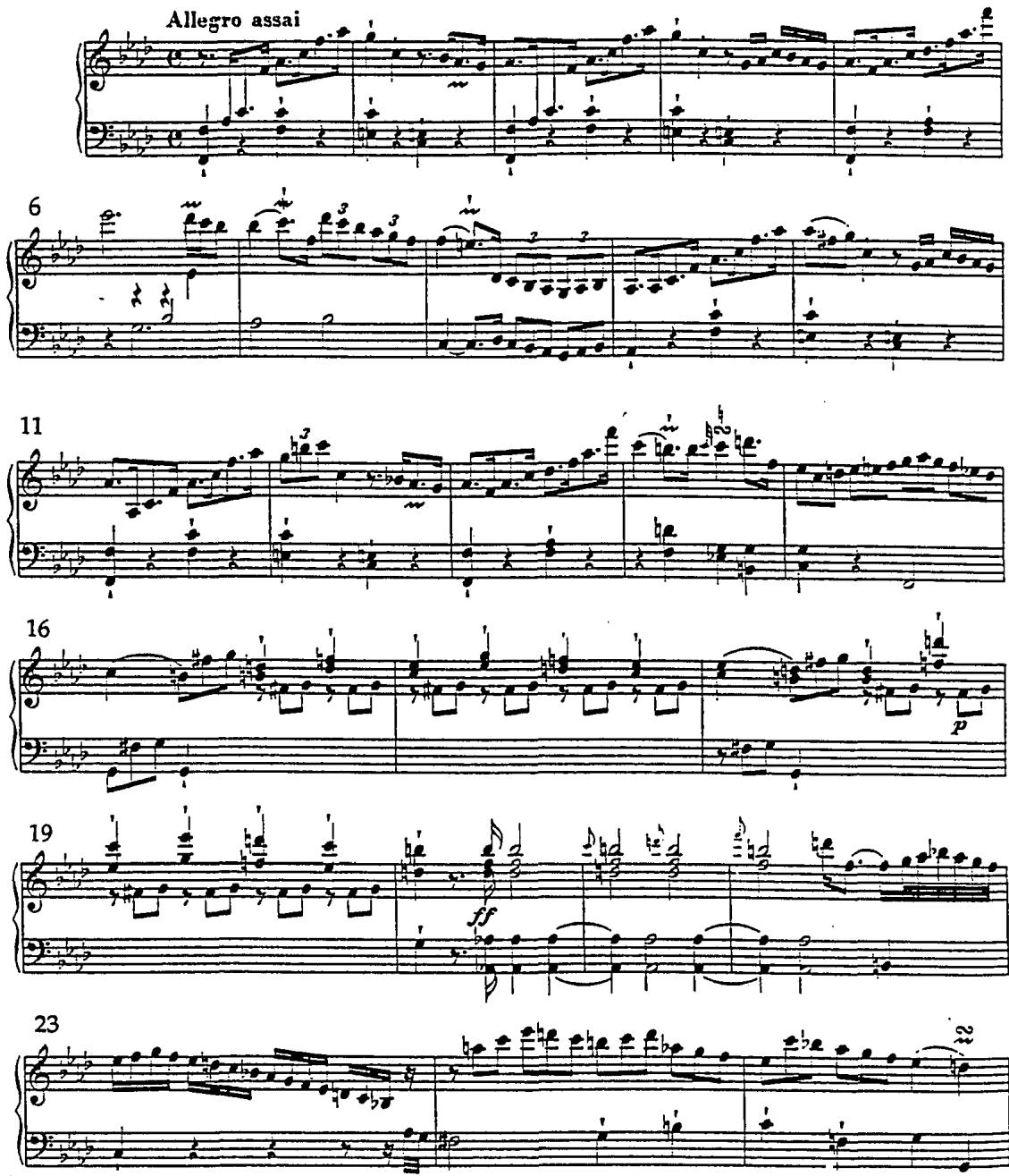 Example 18. Sonata in f, H. 173 (1763), i/1-25.；The principal loci of improvisatory dominant prolongation in Bach&rsquo;s sonatas are, however, the concluding cadences of the exposition and recapitulation. The arrival on the cadential dominant in m. 34 of the finale of the sonata in G, H. 187 (1765) engenders a long digression constructed over
