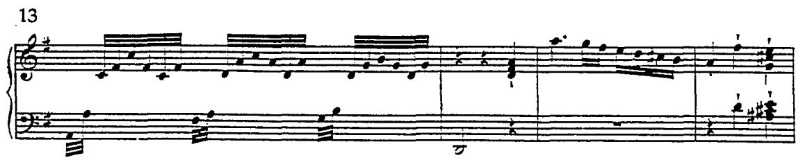 Example 23, continued.；The varied reprise of the recapitulation of the sonata in F, H. 269/i (1780) employs rapid alternation of hands more characteristic of the toccata than the later eighteenth-century sonata (example 24).；Example 24. Sonata in F, H. 269/i (1780), i/25-30, 36-40.