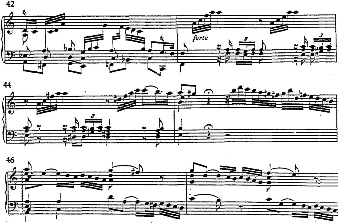 The fermata in m. 6 of the first movement of the sonata in c minor, H. 27 (1741), is followed by a rest, a rational deception (sudden shift of tonal direction) and a snatch of loose imitation (the latter two techniques cited by Bach in his discussion of the free fantasia) (example 29).