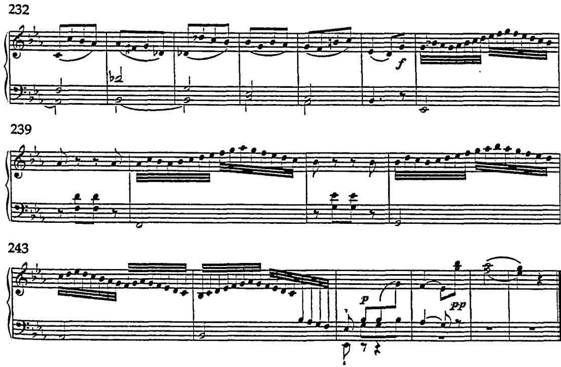 Example 8. Rondo in E-flat, H. 288 (1785-6), mm. 232-248.；H. 262 in a minor (KL 2) disguises its haunting refrain (cf. example 3) in a written out arpeggio passage (example 9). Bach employed this arpeggio direction (indicating that chords are to be arpeggiated ascending and descending) in the free fantasia in D, H. 160, from the Versuch.