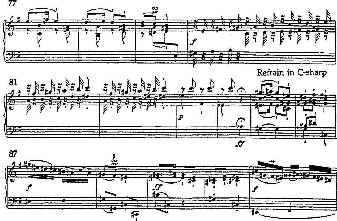 This return of the refrain in C-sharp is not an isolated event; it is part of the stepwise progression of keys&ndash;typical of the free fantasia&ndash;that spans the