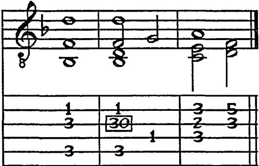 Example 2.5: Unnecessary split course-fingering implying use of octave-strung basses in Fuenllana&rsquo;s intabulation of &ldquo;Si bona suscepimus&rdquo; by Verdelot. $^{129}$