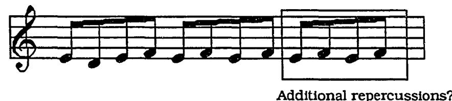 Example 5.2: Possible interpretation of Venegas&rsquo;s right-hand keyboard quiebro with &ldquo;longest finger&rdquo; assumed to be middle. Rhythmic values are editorial and could be changed in context. $^{226}$；Additional repercussions?