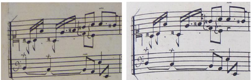 3 Couperin, ‘La Milordine’, p.6, bars 4–6: (a) 17131 (Paris, Bibliothèque de l’Arsenal, m. 361); (b) 17133 (Paris, Bibliothèque Nationale de France, Vma. 2590)；4 Couperin, ‘Les Idées heureuses’, p.33, bar 20: (a) 17131 (Paris, Bibliothèque de l’Arsenal, m. 361); 17134 (Paris, Bibliothèque Nationale de France, Rés. f. 76)