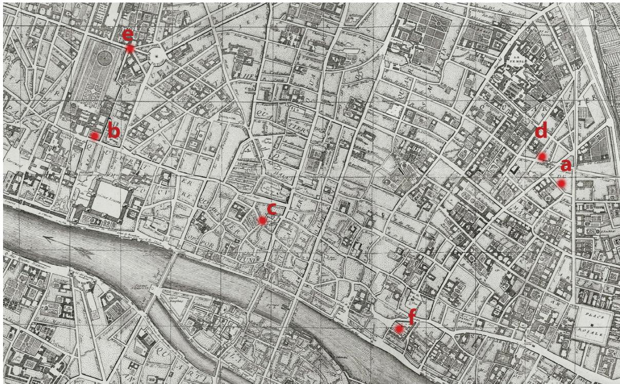 9 Couperin’s addresses marked on the Plan de Paris dedié à Messieurs les Prévôt des marchands et échevins de la ville par M. l’abbé Delagrive (Paris, 1728): (a) Rue Saint-François; (b) Rue Saint-Honoré, aux Armes de Bourgogne; (c) Rue des Foureurs en face les Carneaux; (d) Rue de Poitou; (e) Rue Neuve-des-Bons-Enfants vis-à-vis les Écuries de L’Hôtel de Toulouse; (f) Église Saint-Gervais.
