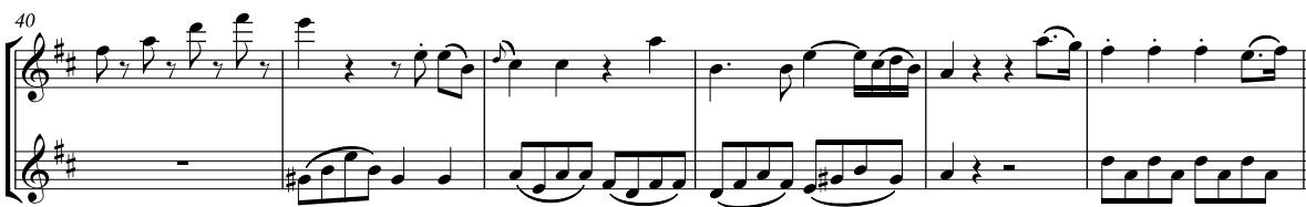 Beispiel 5a: Mozart, Die Zauberflöte KV 620, Nr. 6: Terzetto, T. 40–45. Bearbeitung für Flötenduo