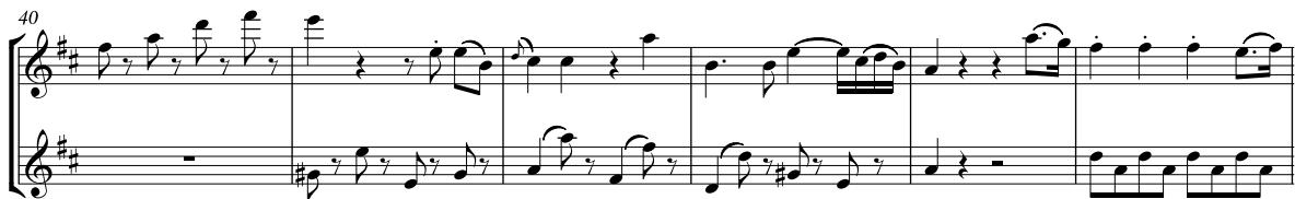 Beispiel 5b: Mozart, Die Zauberflöte KV 620, Nr. 6: Terzetto, T. 40–45. Bearbeitung für Flötenduo, Verbesserungsvorschlag