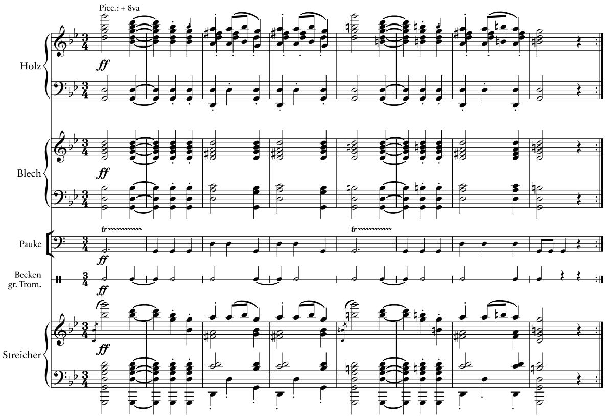 Beispiel 6a: Dvořàk, Slawischer Tanz Op. 46 Nr. 8, T .1–8. Particell der Vorlage