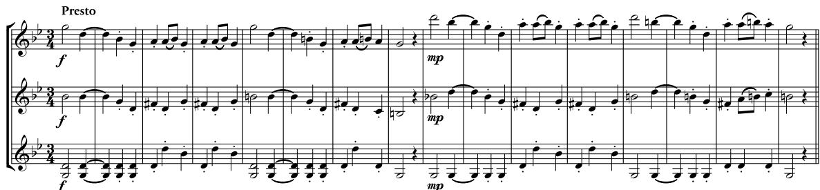 Beispiel 6b: Dvořàk, Slawischer Tanz Op. 46 Nr. 8, T. 1–16. Bearbeitung für drei Violinen