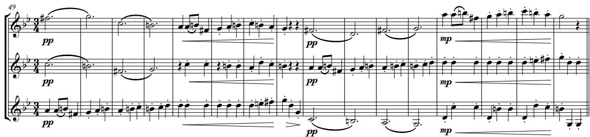Beispiel 7b: Dvořàk, Slawischer Tanz Op. 46 Nr. 8, T. 49–63. Bearbeitung für drei Violinen